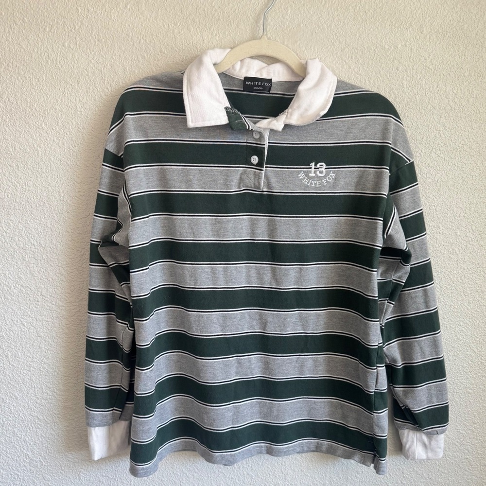 White Fox Womens Rugby Polo Shirt Green Grey Striped Long Sleeve XXS/XS Preppy